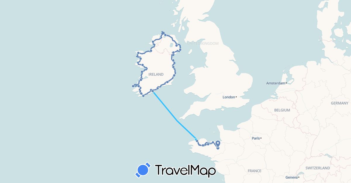 TravelMap itinerary: driving, cycling, boat in France, United Kingdom, Ireland (Europe)